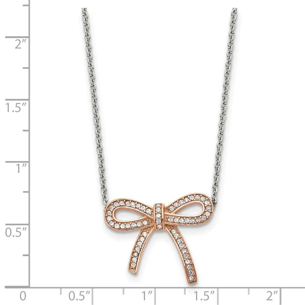 Stainless Steel Crystal Polished Pink IP plated Bow with 1.75in ext. Neckl
