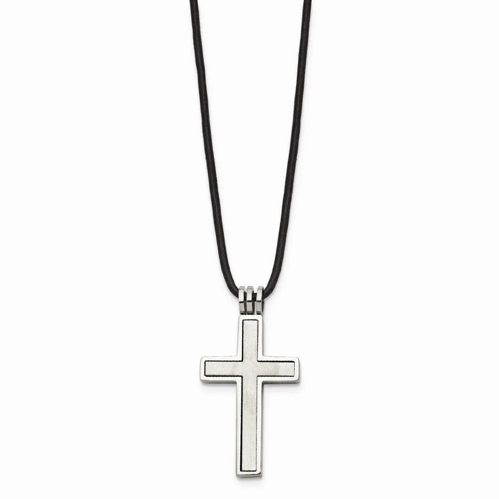 Stainless Steel Leather Cord Cross Necklace