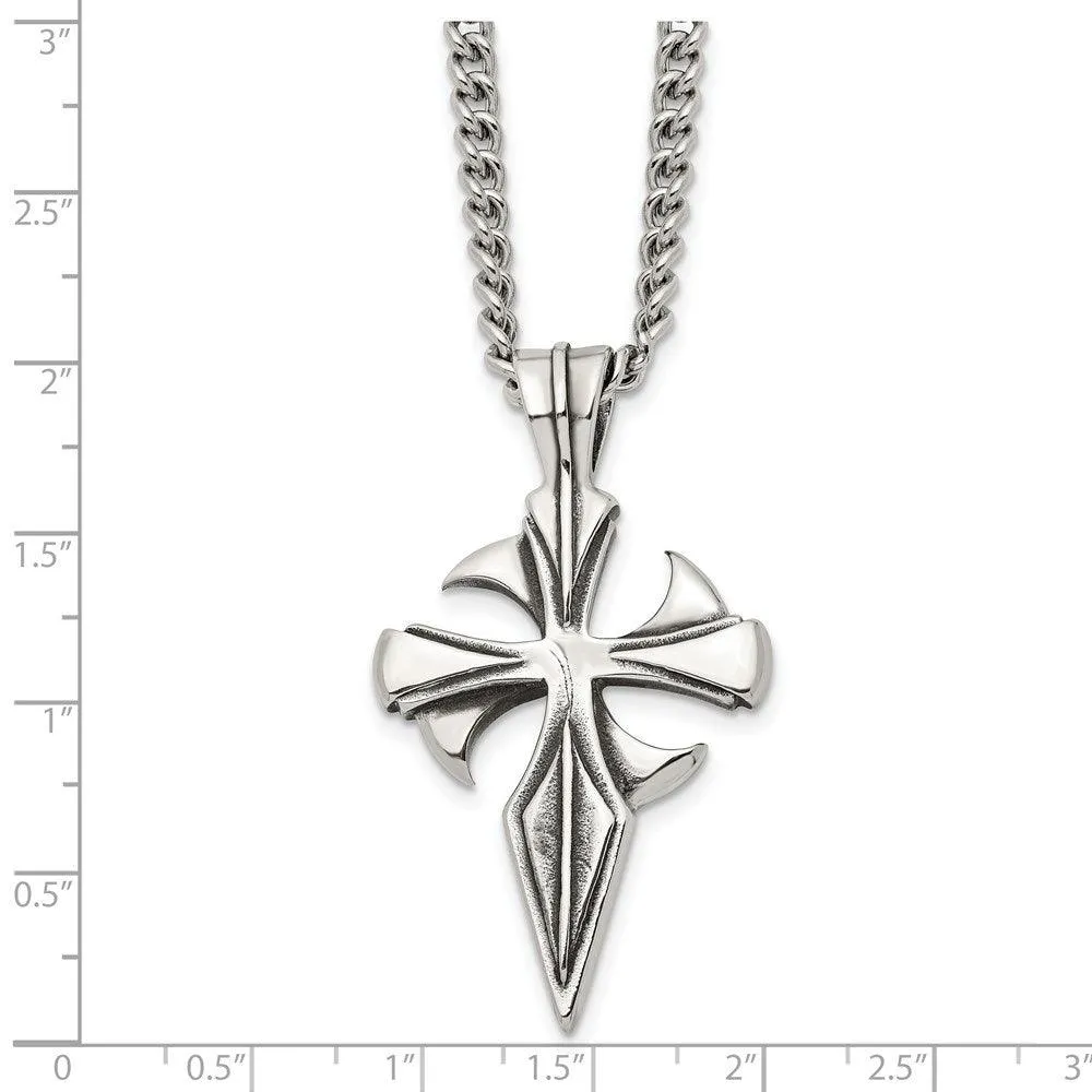 Stainless Steel Polished & Antiqued Dagger Cross 22in Necklace