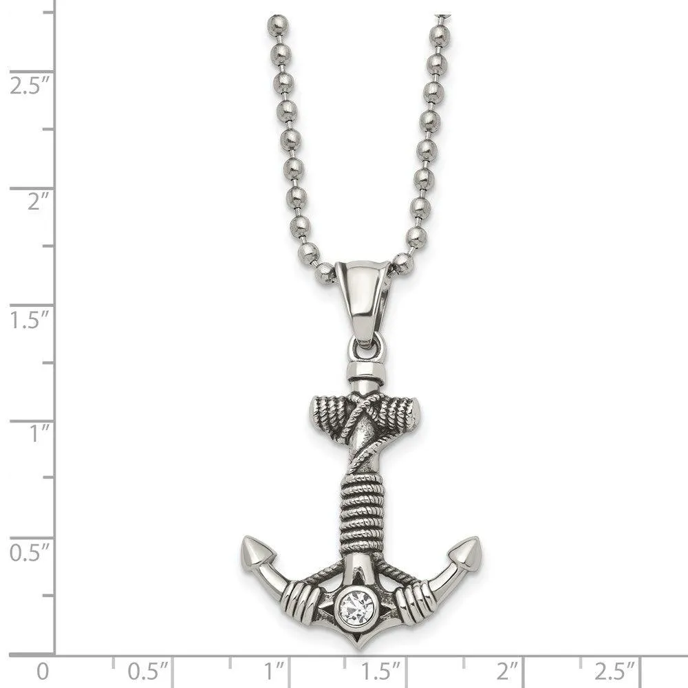 Stainless Steel Polished and Antiqued w/ CZ Anchor Necklace