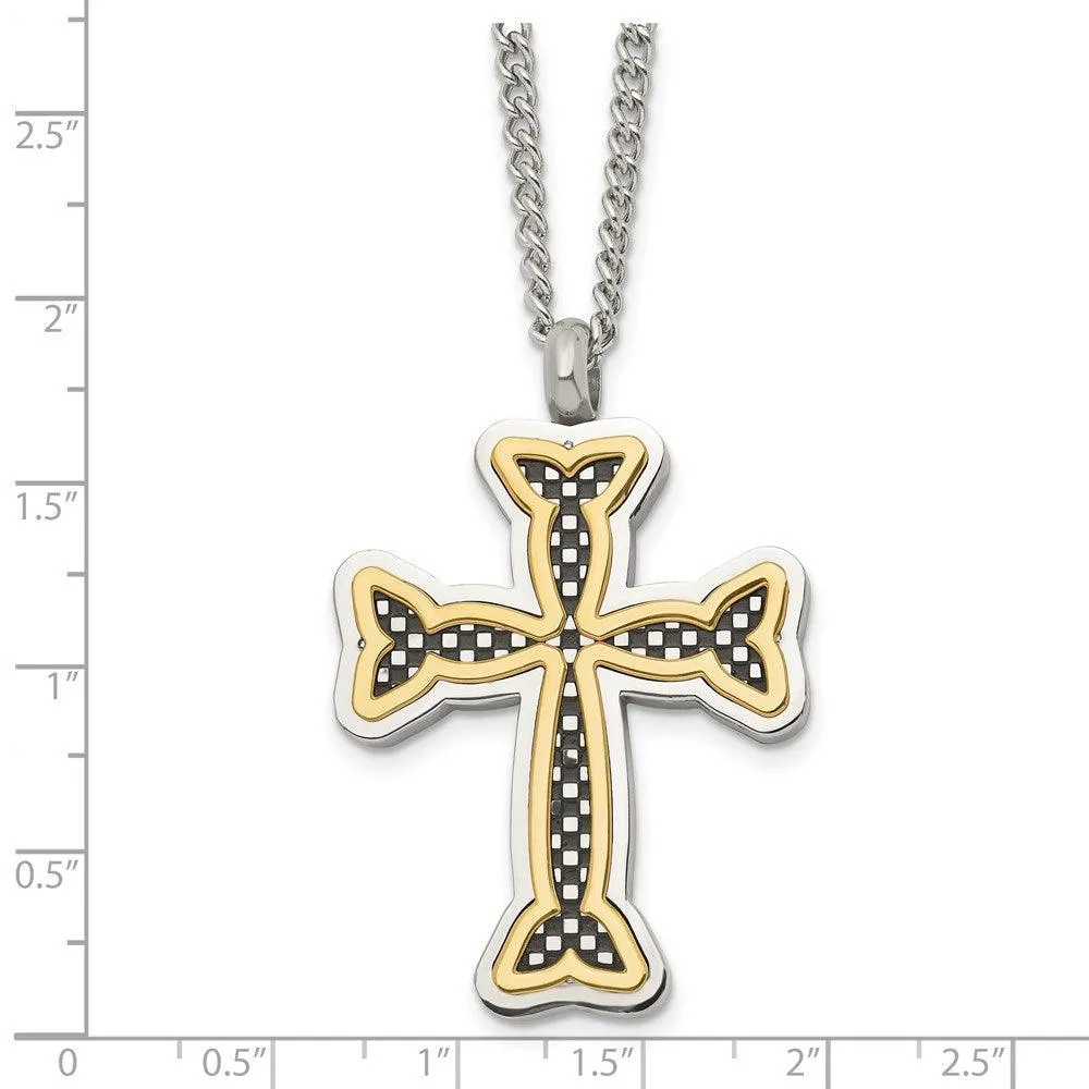 Stainless Steel Polished Black and Yellow IP-plated Cross Necklace