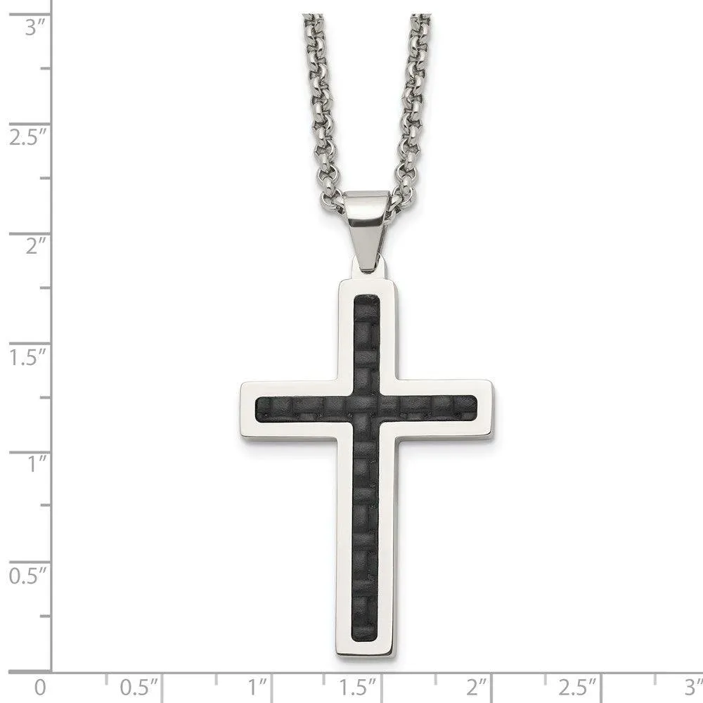 Stainless Steel Polished Black Genuine Leather Inlay Cross Necklace