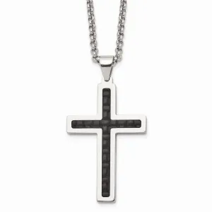 Stainless Steel Polished Black Genuine Leather Inlay Cross Necklace