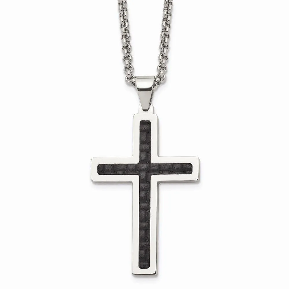 Stainless Steel Polished Black Genuine Leather Inlay Cross Necklace