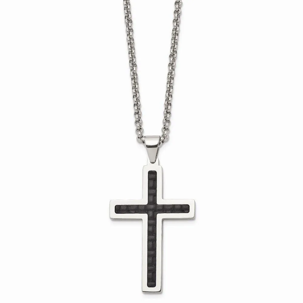 Stainless Steel Polished Black Genuine Leather Inlay Cross Necklace