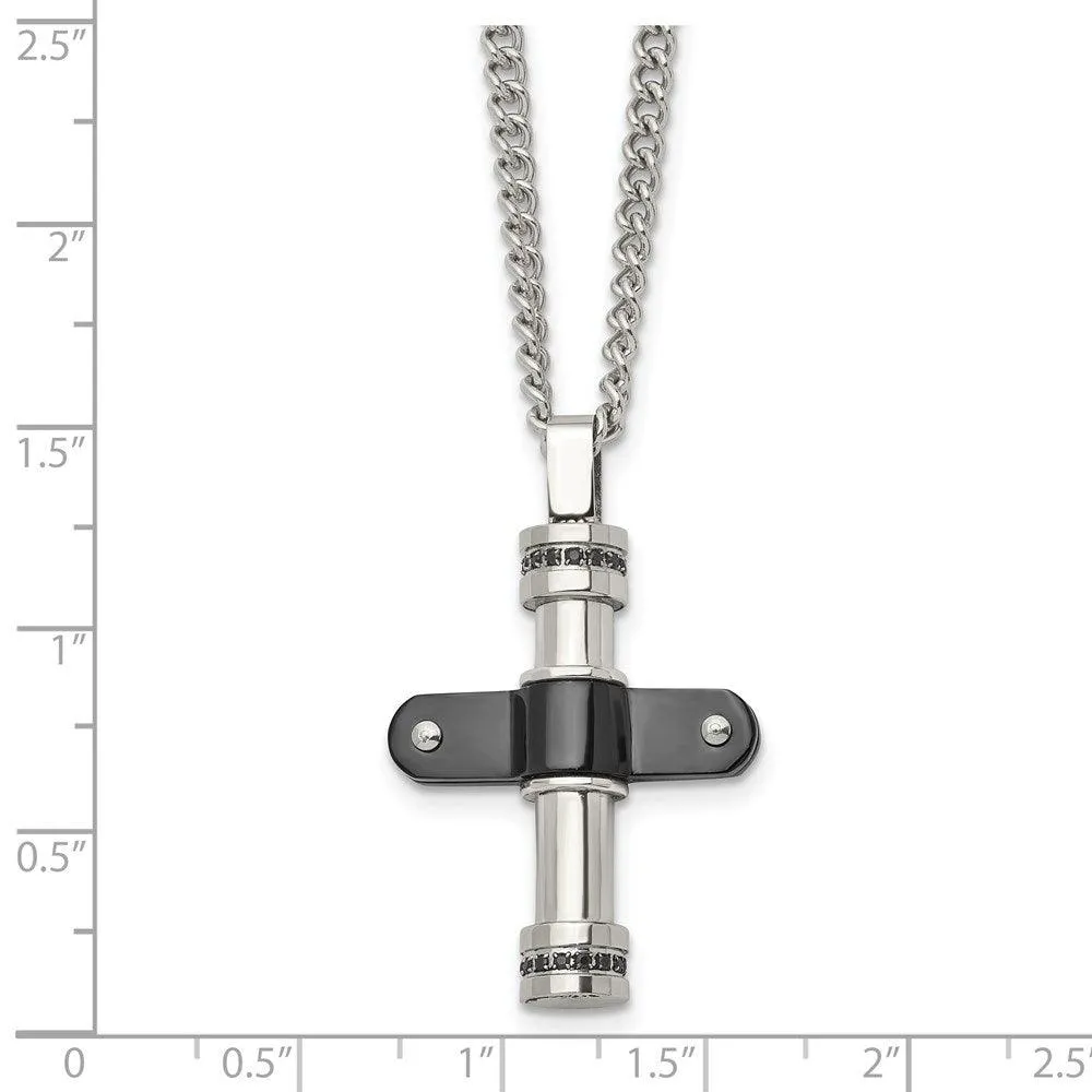 Stainless Steel Polished Black IP Black CZ Cross Necklace