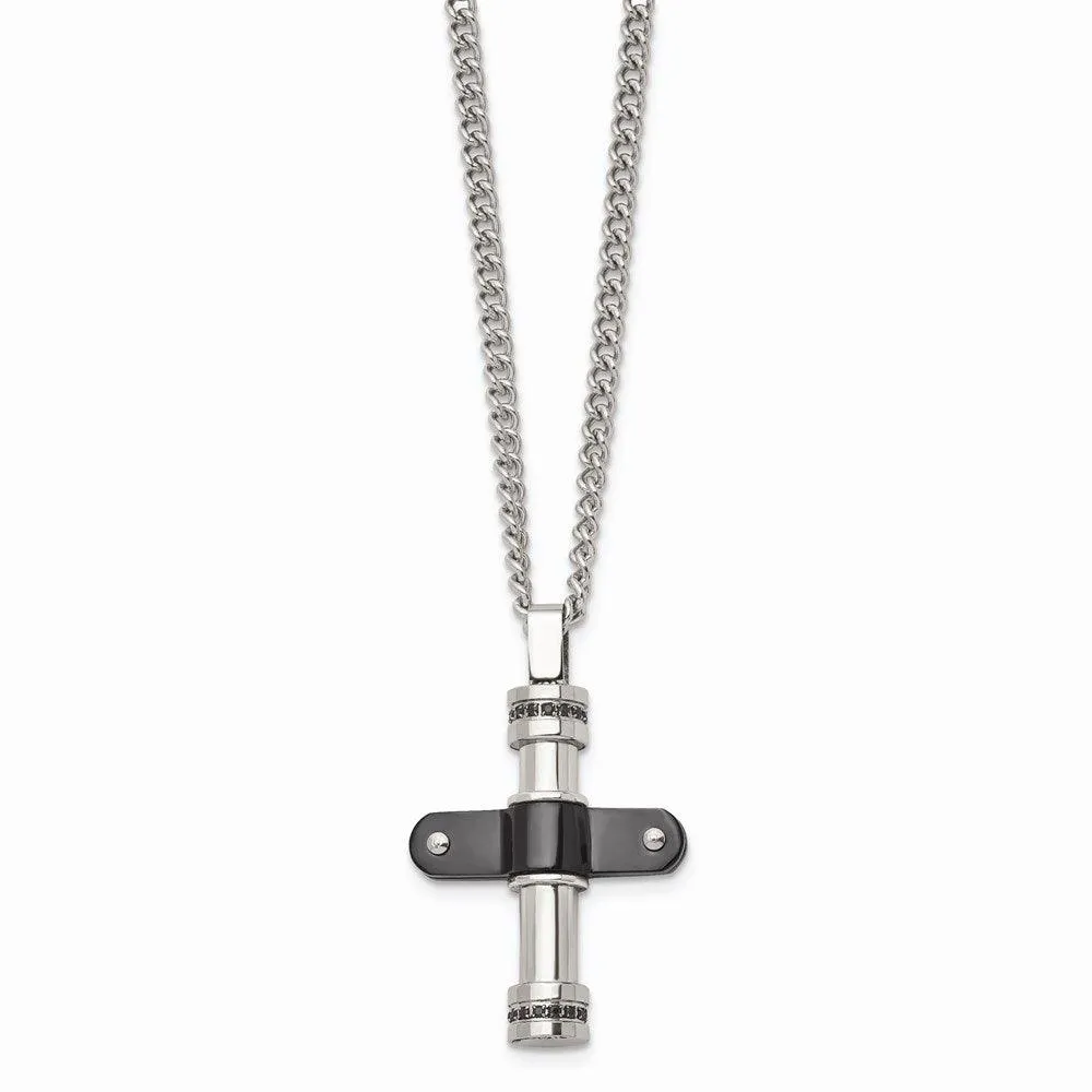 Stainless Steel Polished Black IP Black CZ Cross Necklace