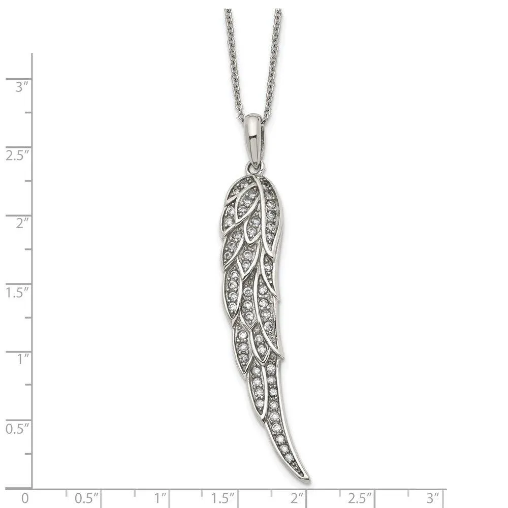 Stainless Steel Polished CZ Wing Pendant with 2in extension Necklace