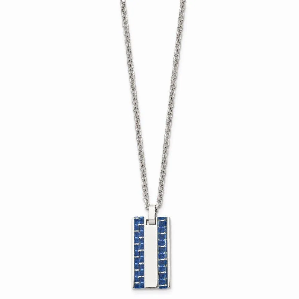 Stainless Steel Polished w/ Blue Carbon Fiber Inlay Small Dogtag Necklace