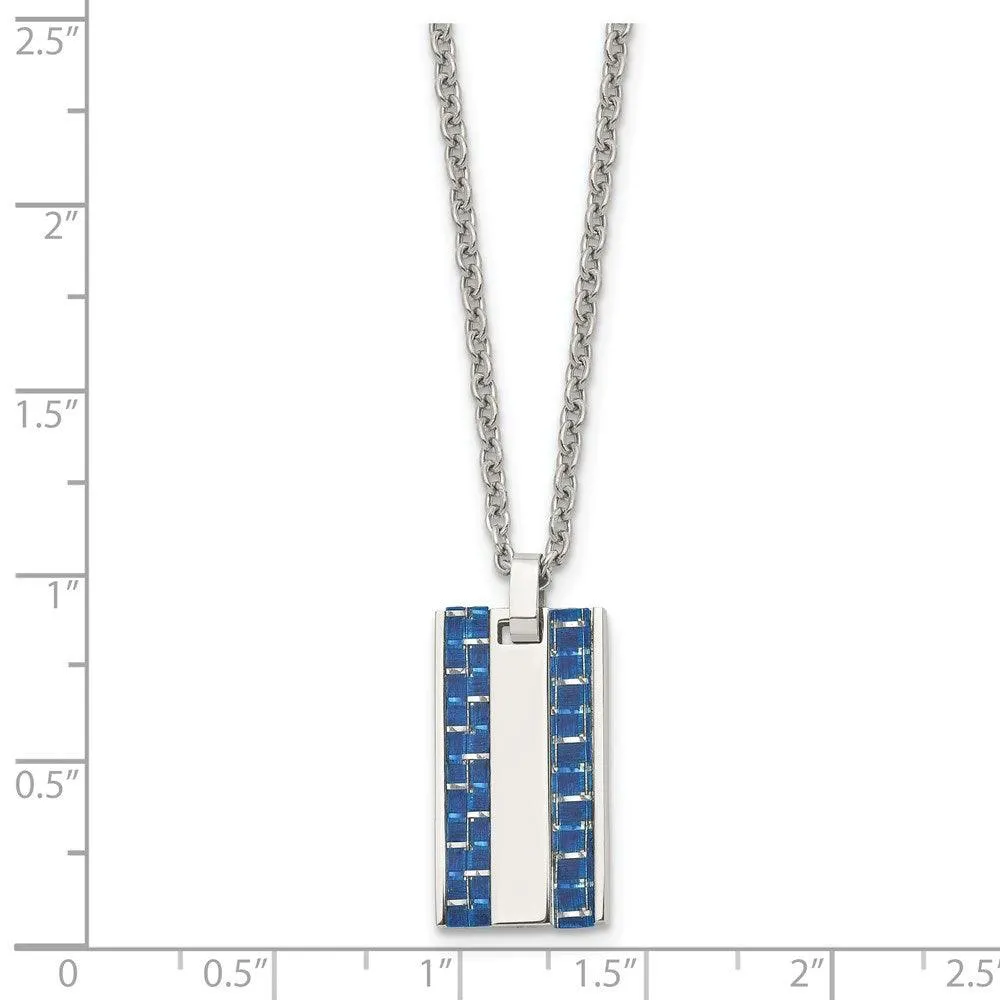 Stainless Steel Polished w/ Blue Carbon Fiber Inlay Small Dogtag Necklace