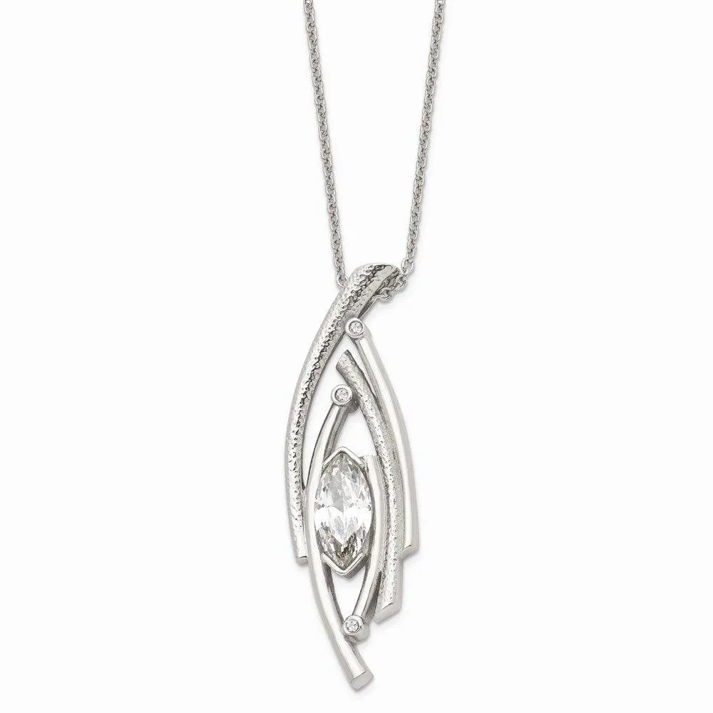 Stainless Steel Polished/Textured CZ w/2in ext. Necklace