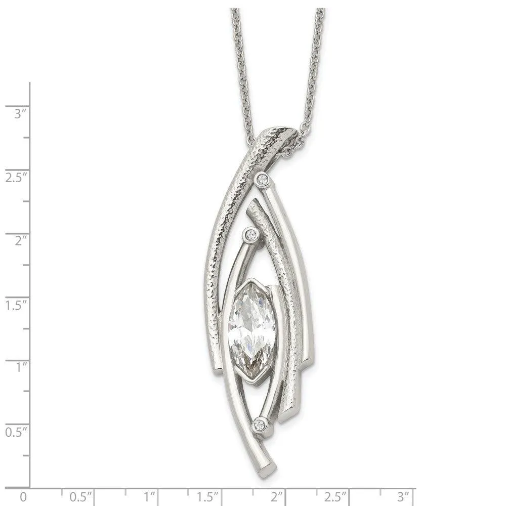 Stainless Steel Polished/Textured CZ w/2in ext. Necklace