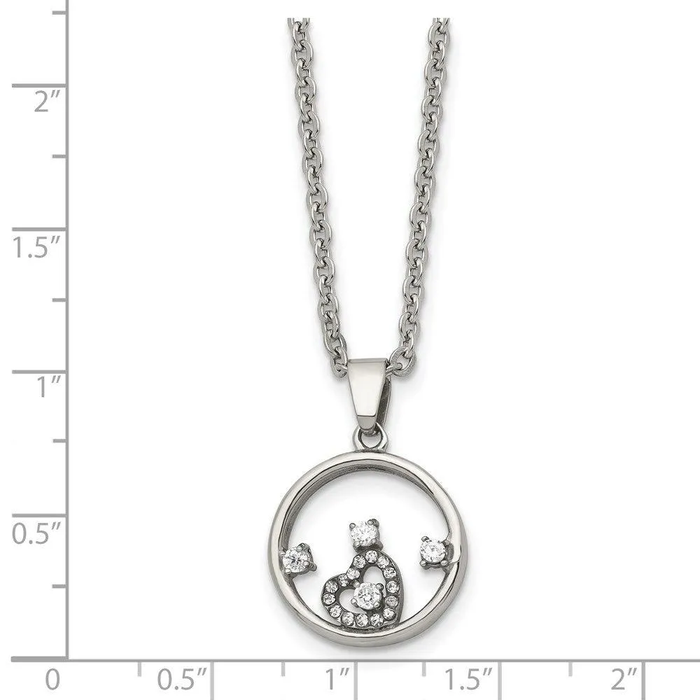 Stainless Steel Round with Heart CZ Polished Necklace