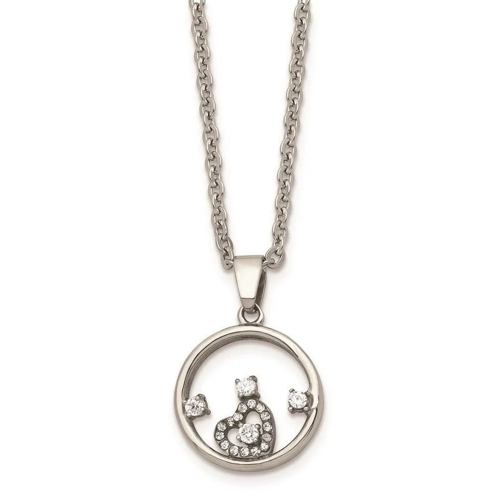 Stainless Steel Round with Heart CZ Polished Necklace