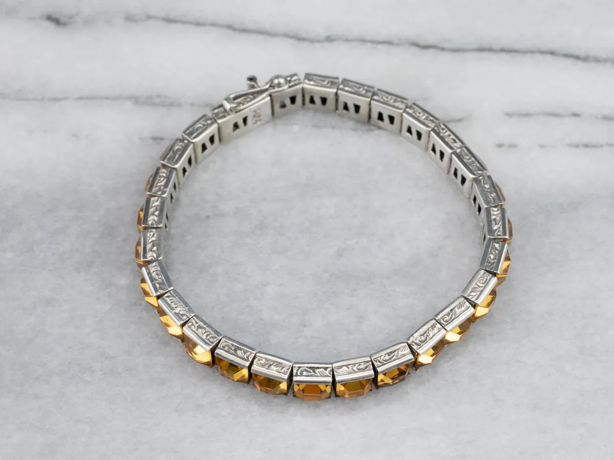 Sterling Silver Antique Faceted Yellow Glass Link Bracelet