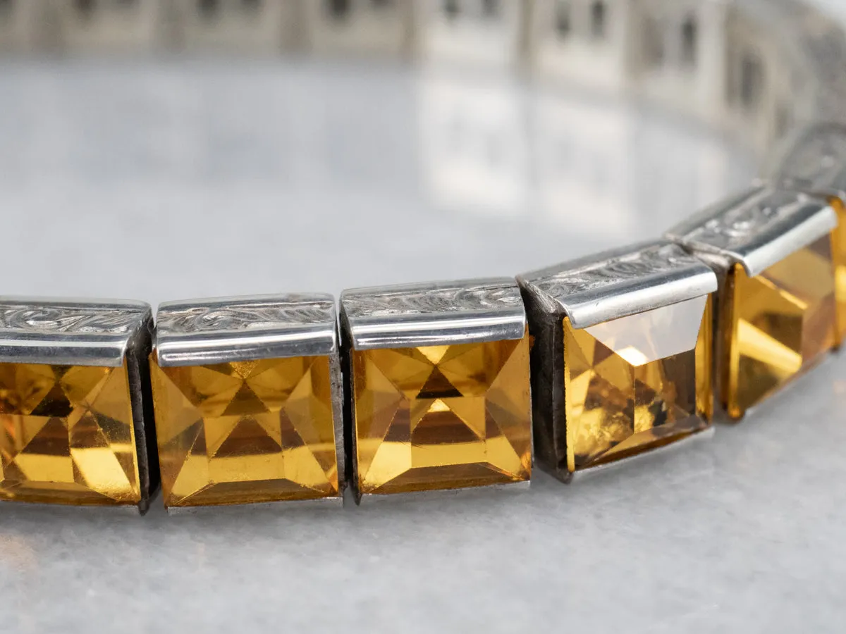 Sterling Silver Antique Faceted Yellow Glass Link Bracelet