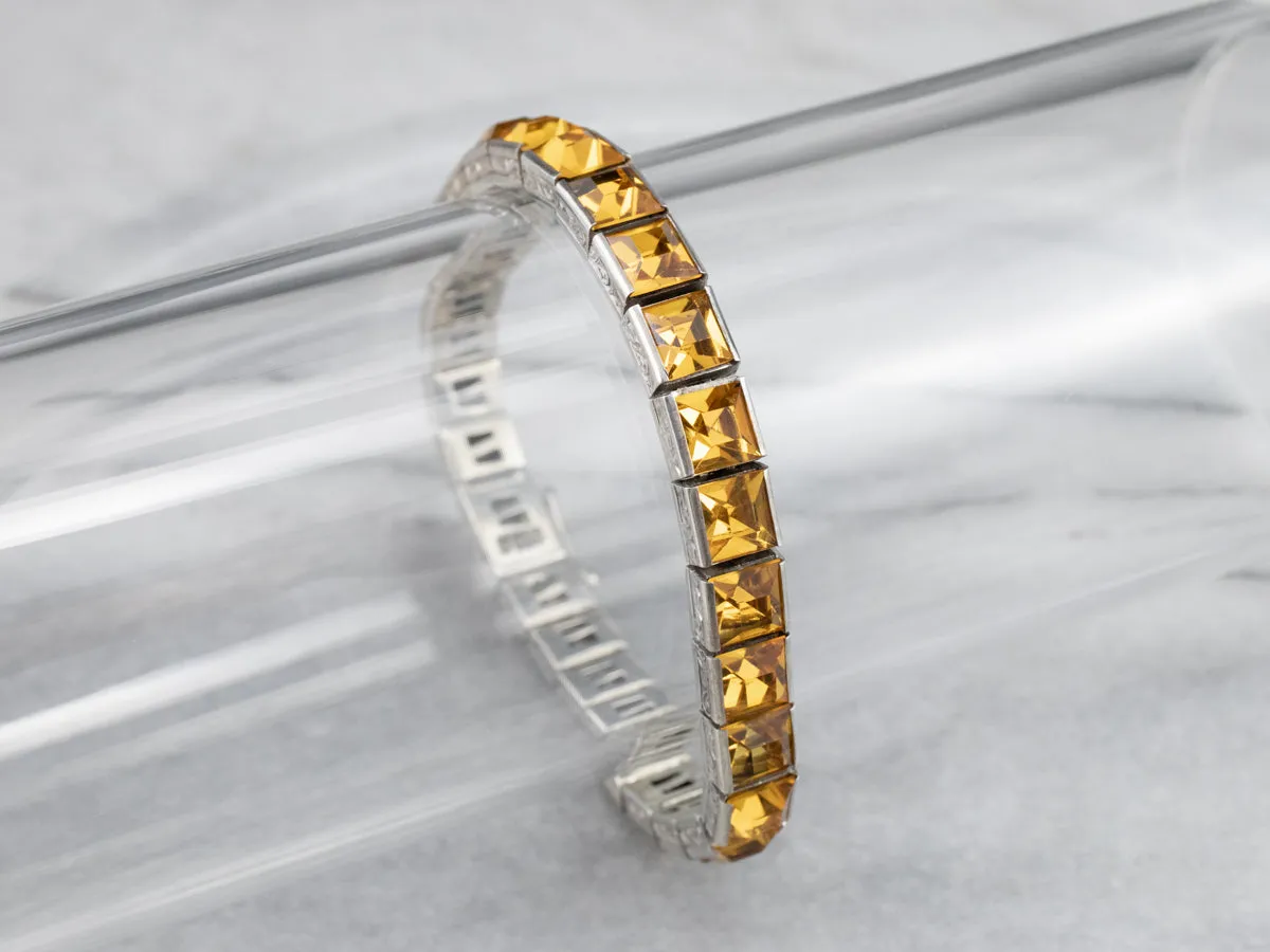 Sterling Silver Antique Faceted Yellow Glass Link Bracelet