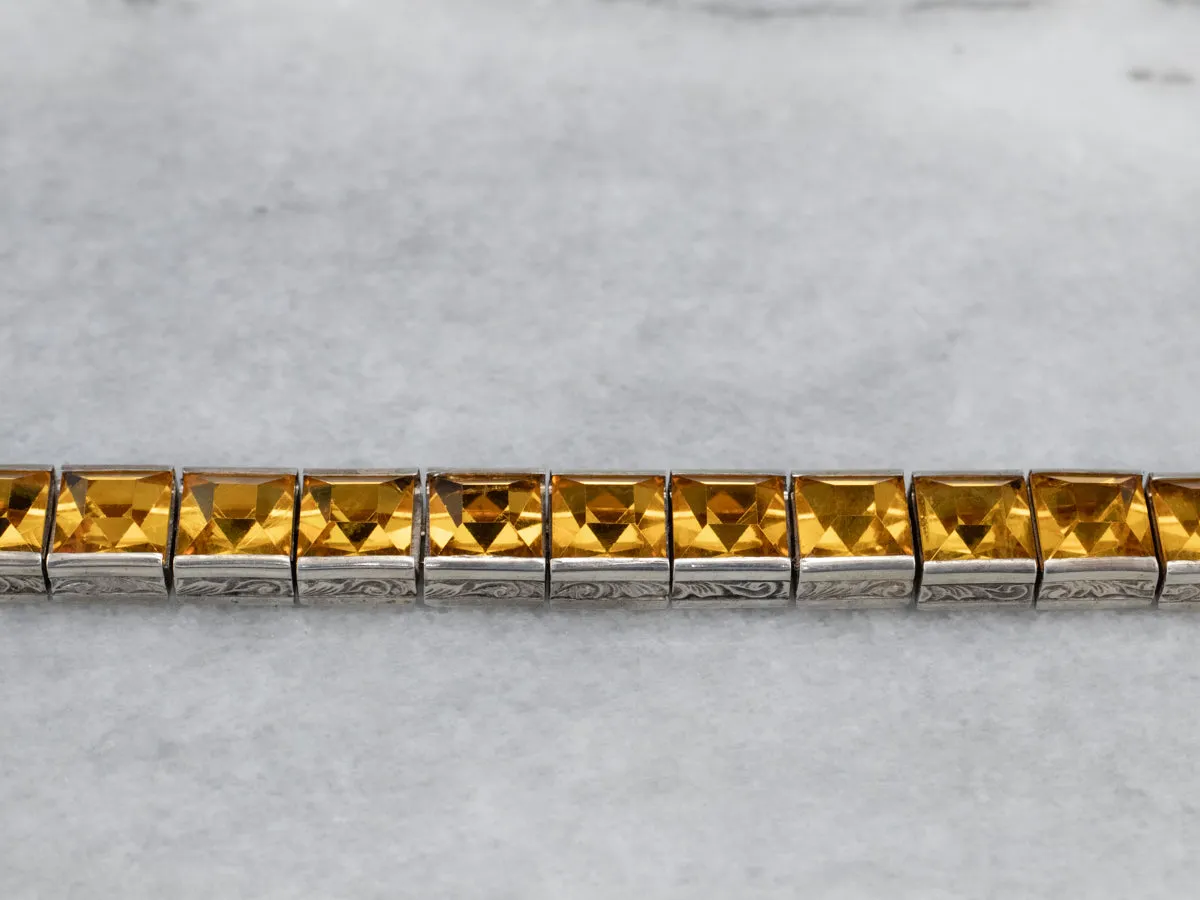 Sterling Silver Antique Faceted Yellow Glass Link Bracelet