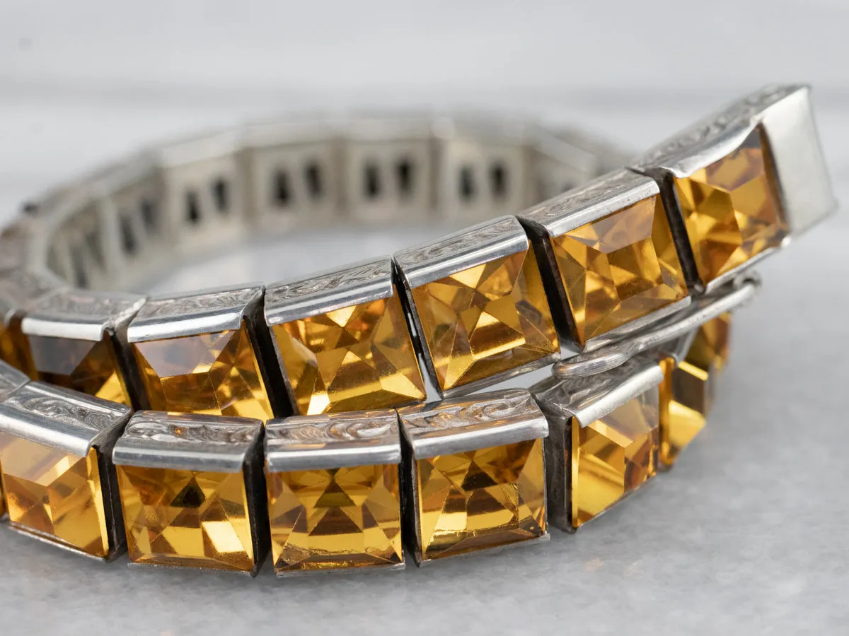 Sterling Silver Antique Faceted Yellow Glass Link Bracelet