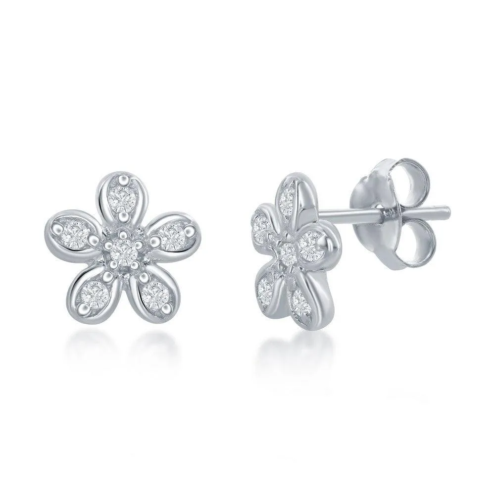 Sterling Silver Cubic Zirconia Flower Necklace and Earrings Set