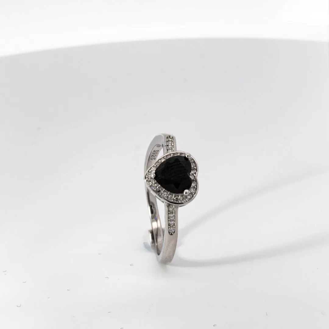 Sterling Silver Heart Shape Black Cz Engagement Ring - 18AS01