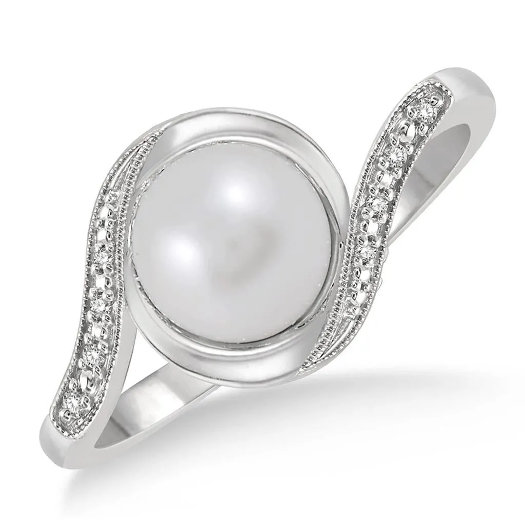 Sterling Silver Pearl And Diamond Bypass Ring
