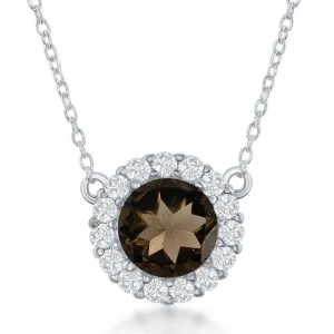 Sterling Silver Round Center Smoky with White Topaz Border Necklace