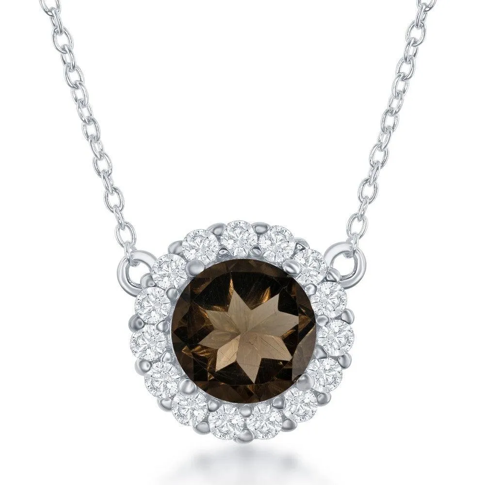Sterling Silver Round Center Smoky with White Topaz Border Necklace