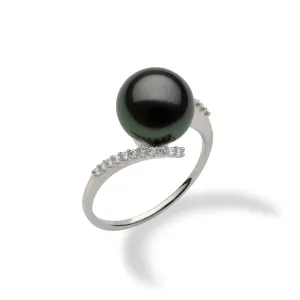 Tahitian Black Pearl Ring in White Gold with Diamonds - 10-11mm