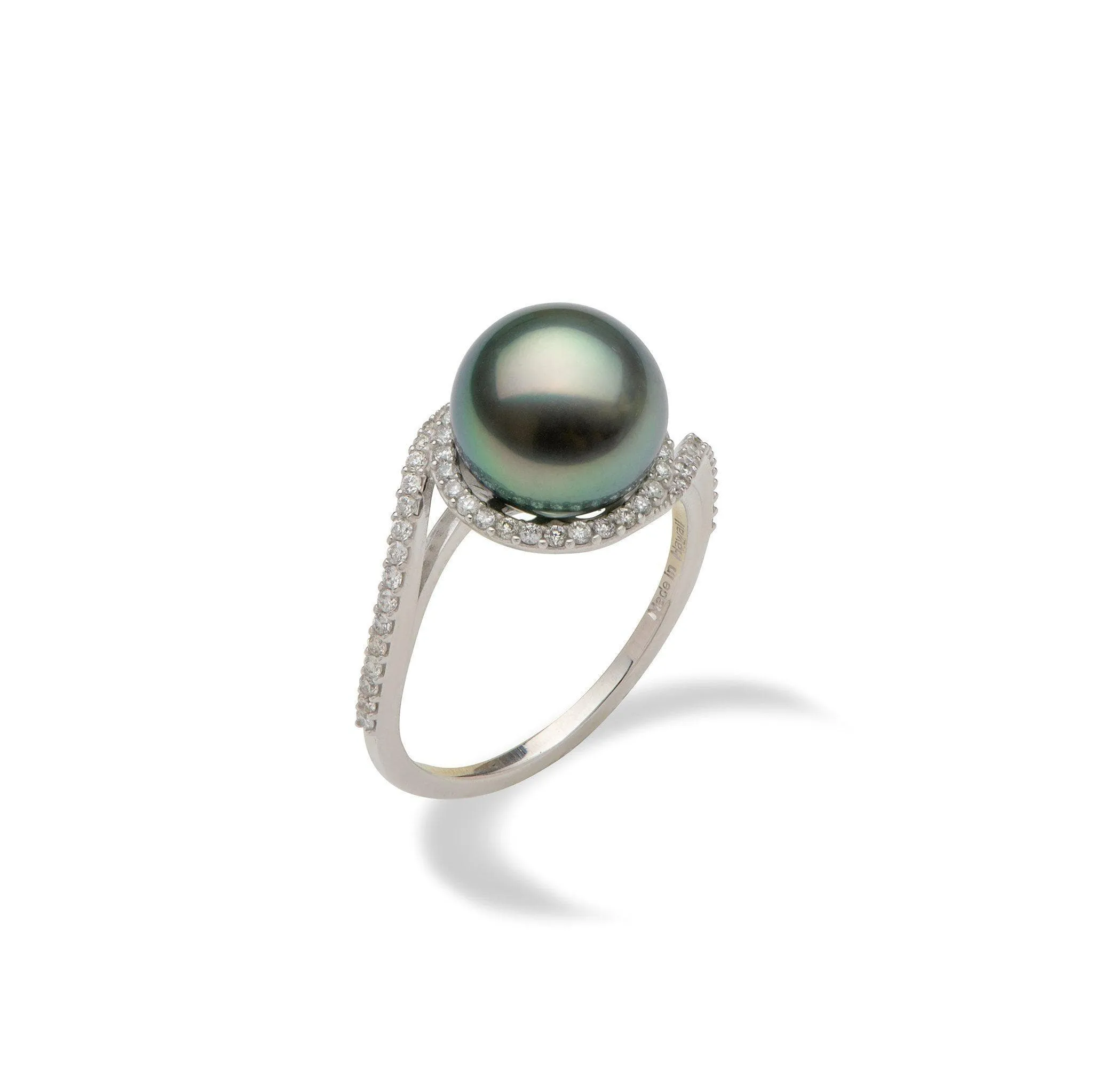 Tahitian Black Pearl Ring in White Gold with Diamonds - 9-10mm