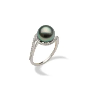 Tahitian Black Pearl Ring in White Gold with Diamonds - 9-10mm