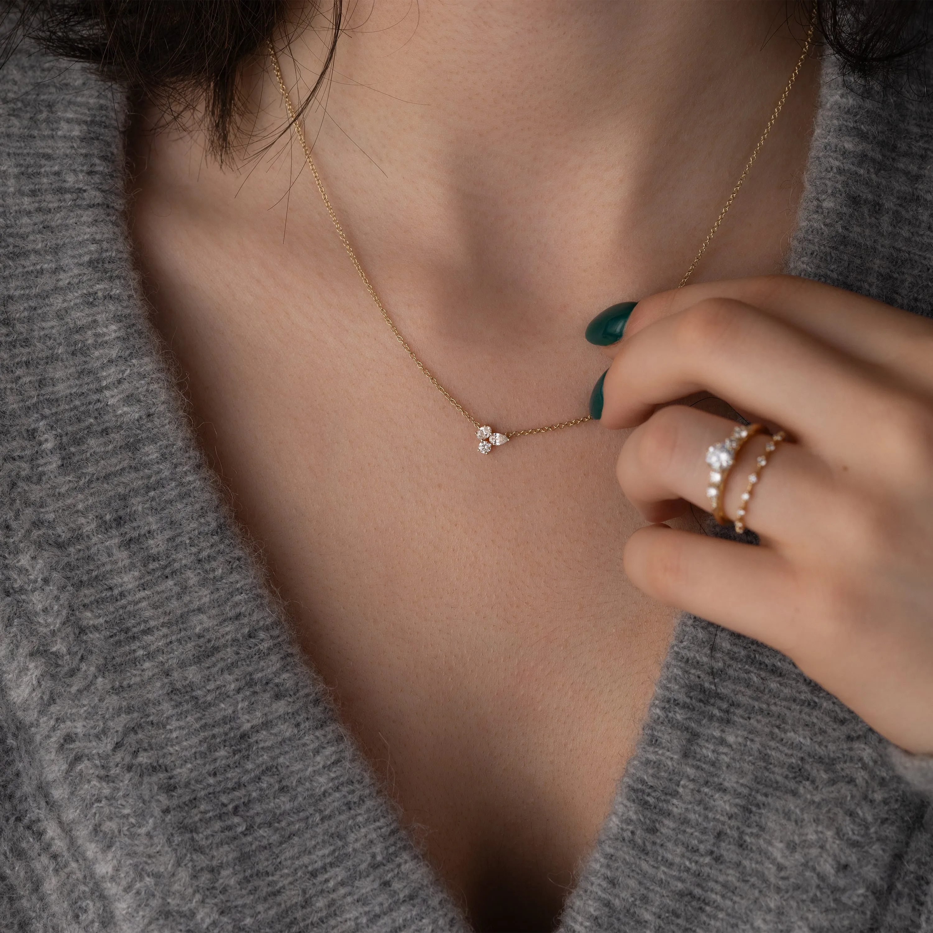 Triple Diamond Cluster Necklace - In Stock