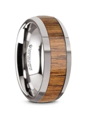 Tungsten Carbide ??Thekka?? 8mm Teak Wood Inaid Domed Wedding Band