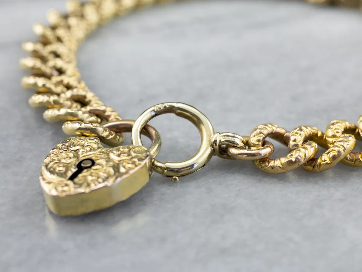 Victorian Chased Heart Lock Gold Chain Bracelet