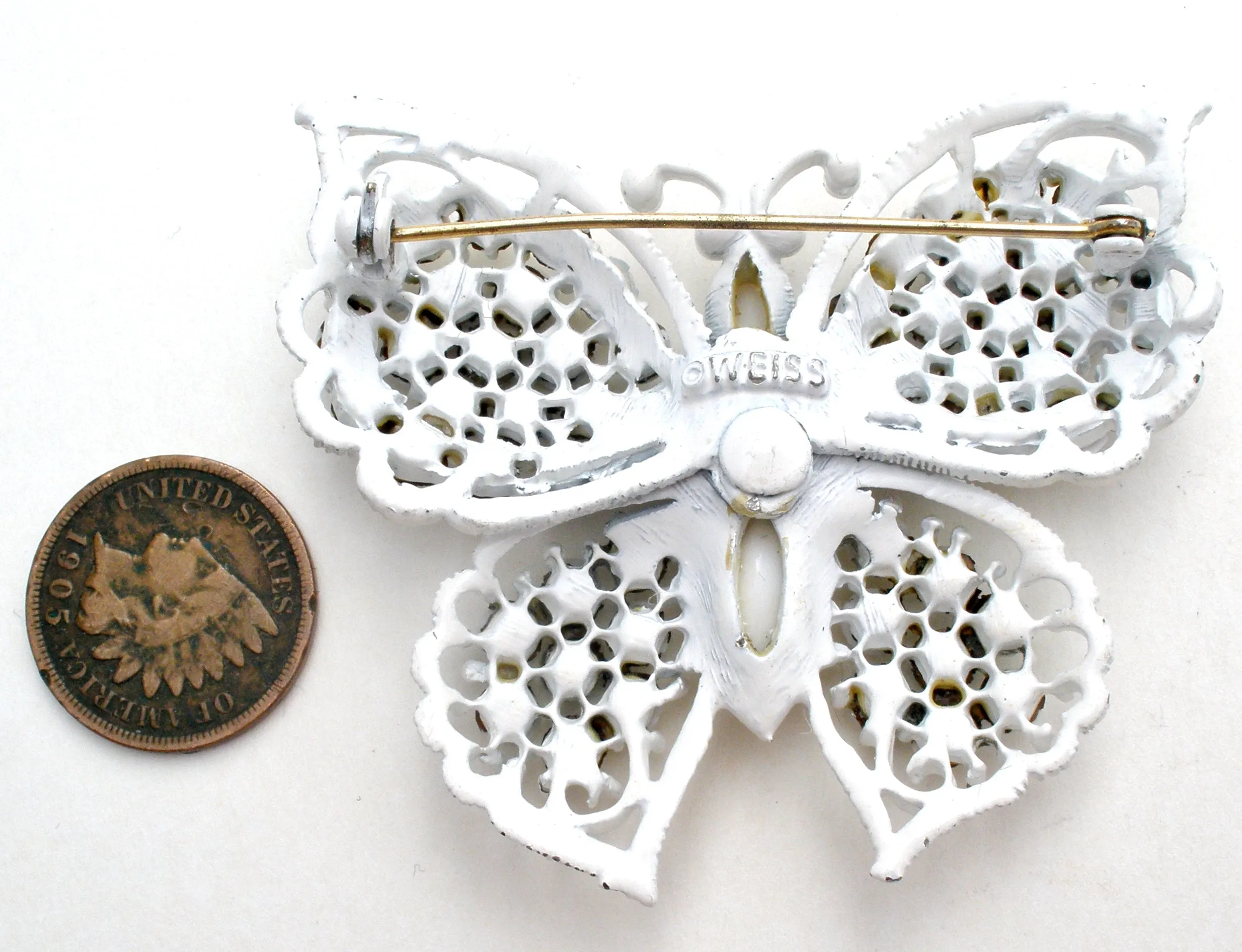 Weiss Milk Glass Rhinestone Butterfly Brooch Pin Vintage