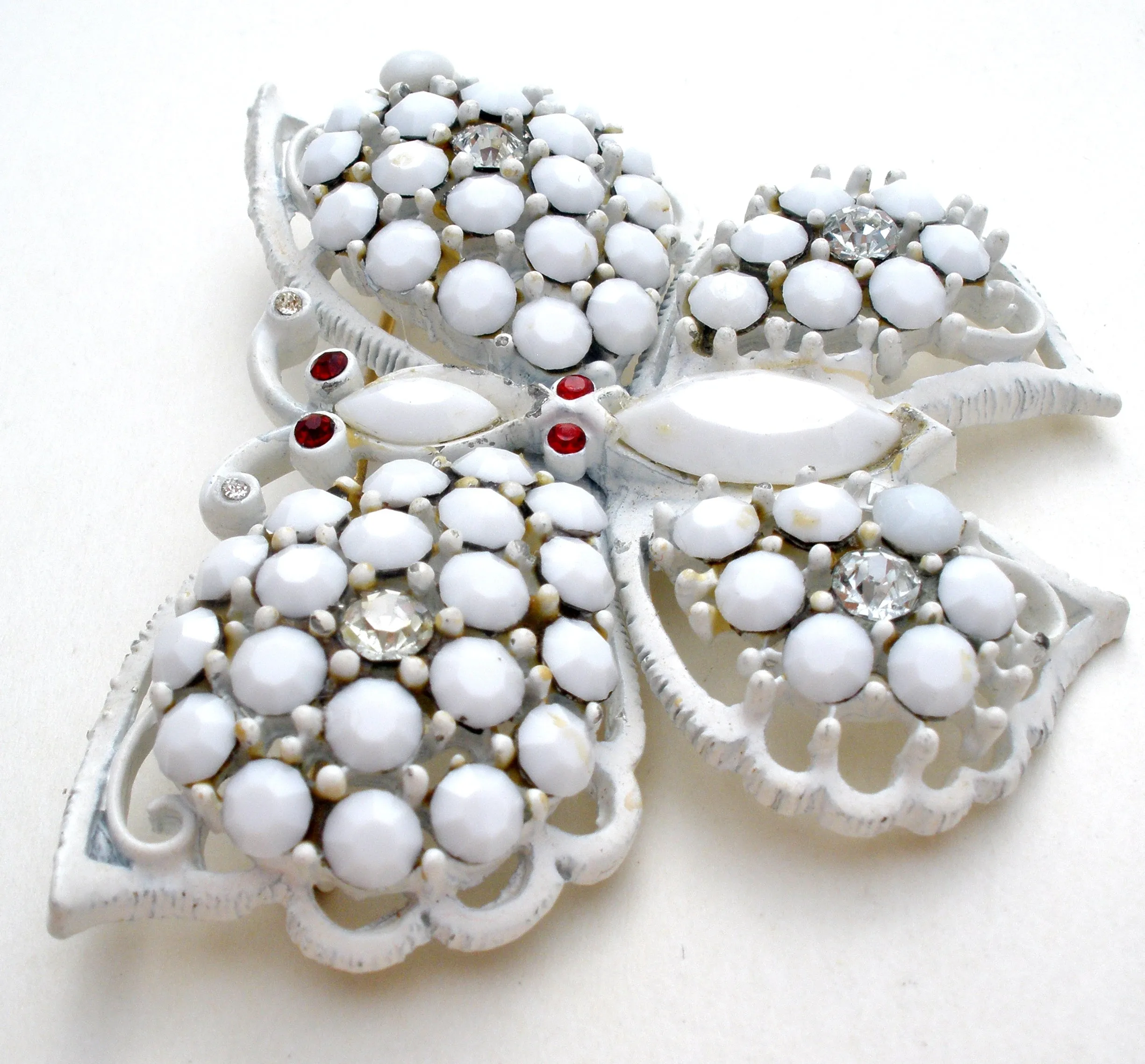 Weiss Milk Glass Rhinestone Butterfly Brooch Pin Vintage