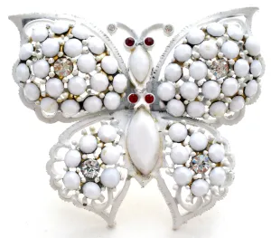Weiss Milk Glass Rhinestone Butterfly Brooch Pin Vintage
