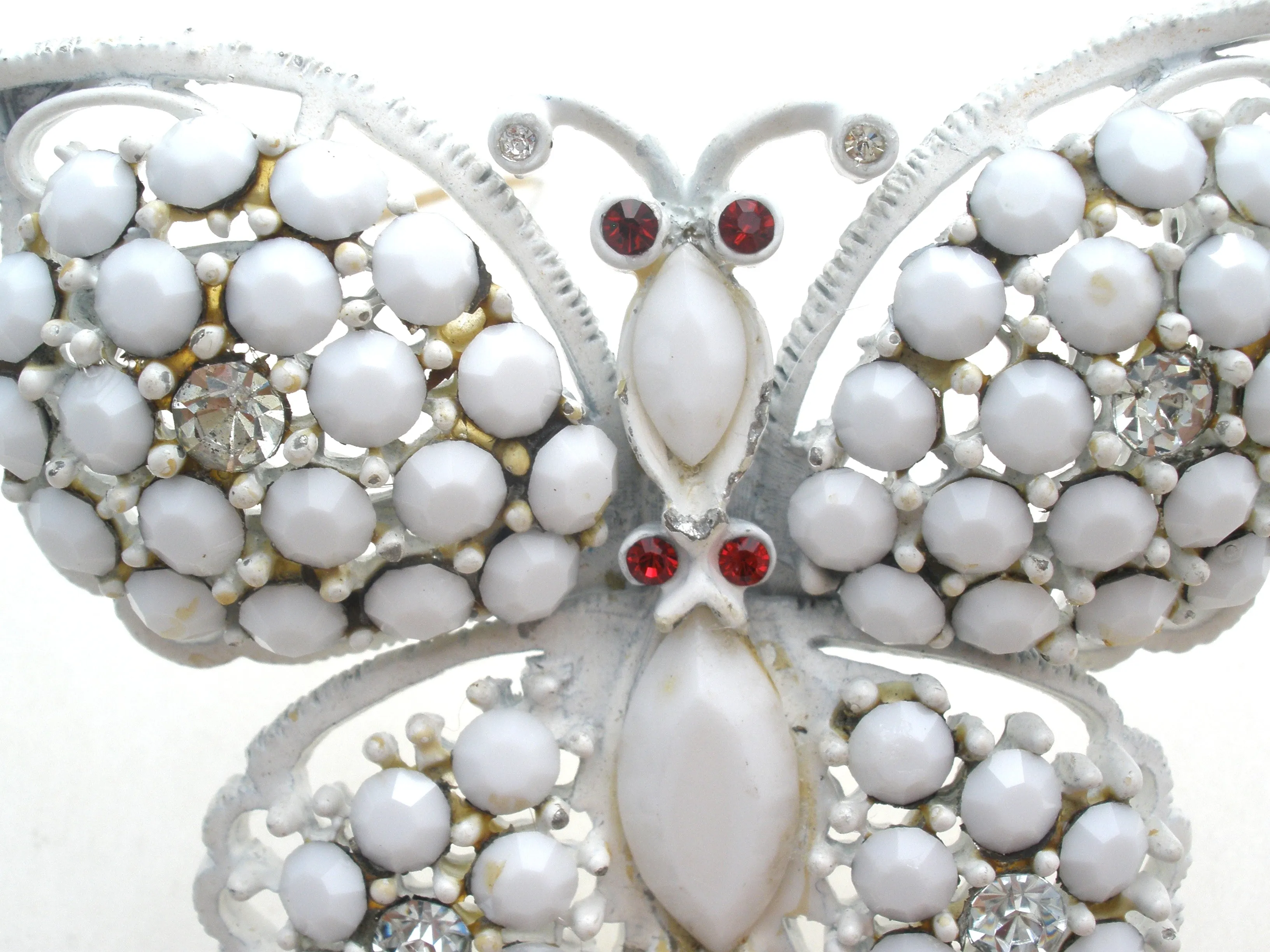 Weiss Milk Glass Rhinestone Butterfly Brooch Pin Vintage