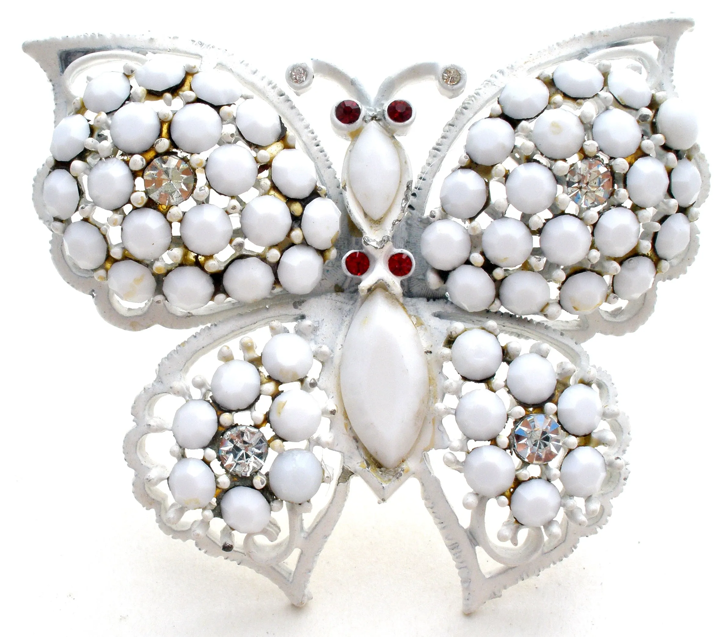 Weiss Milk Glass Rhinestone Butterfly Brooch Pin Vintage