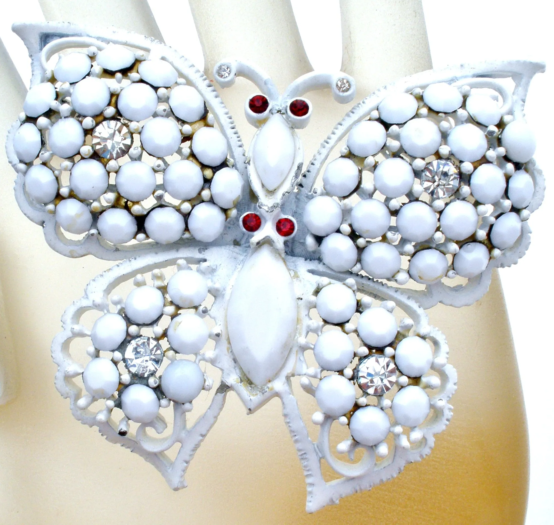 Weiss Milk Glass Rhinestone Butterfly Brooch Pin Vintage