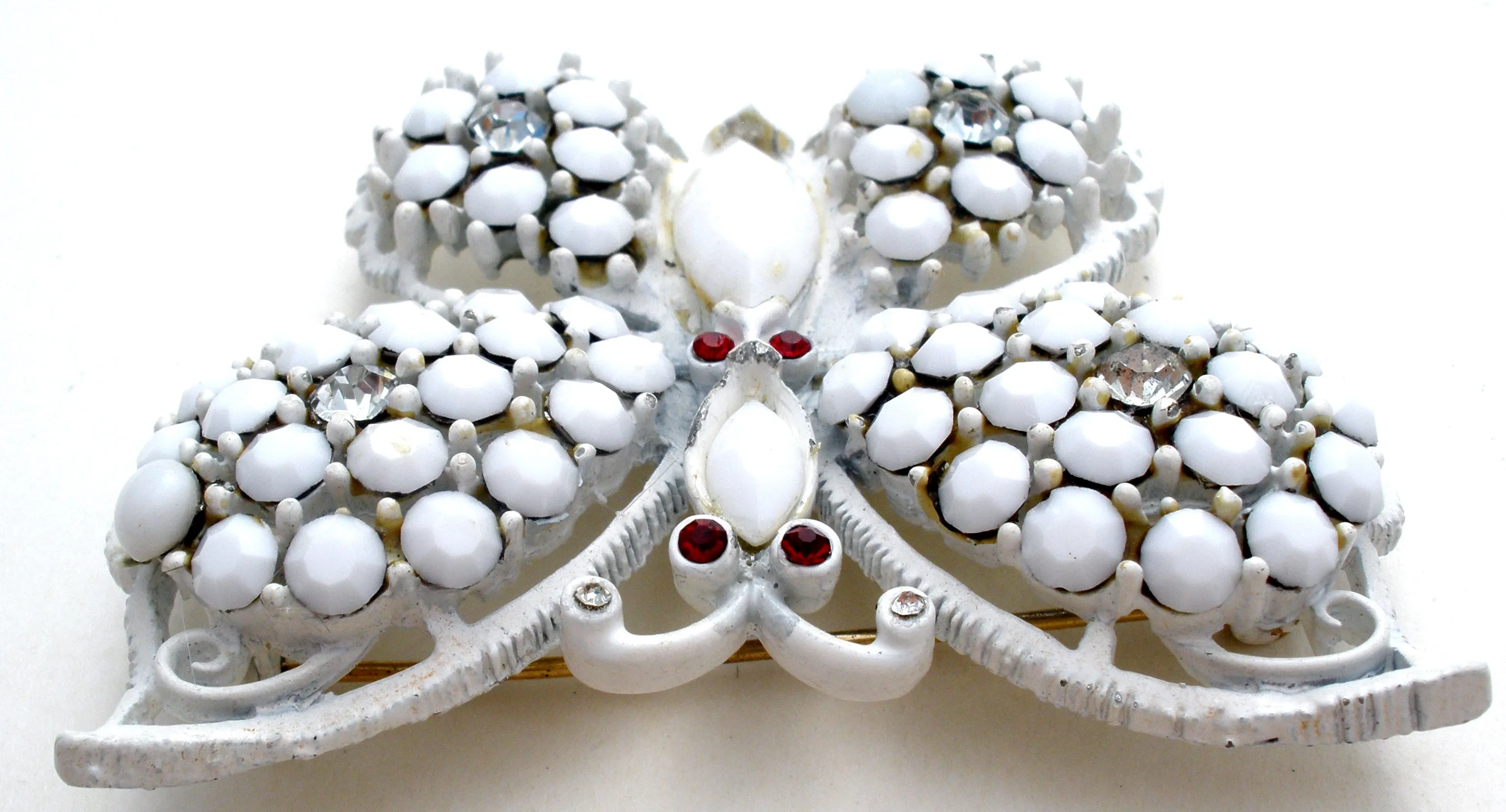 Weiss Milk Glass Rhinestone Butterfly Brooch Pin Vintage